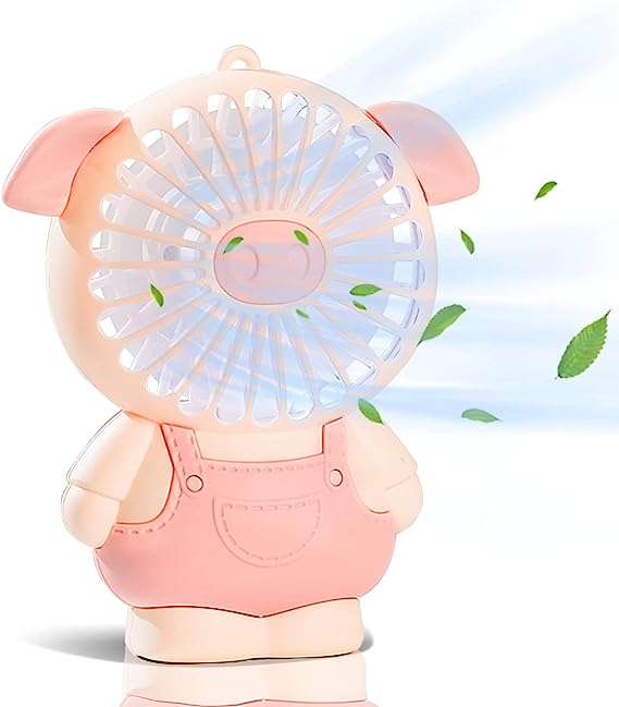 Portable USB Fan, Mini Fan with Cute Pig Shape Design, Quiet Dimmable USB Rechargeable Small Fan with 2 Powerful Wind for Office, Bedroom, Great Gift for Children (Pig, Pink)